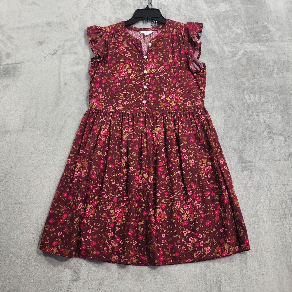 Time And Tru Dress Womens XS Red Floral Ruffled Flutter Sleeve Mini Pockets